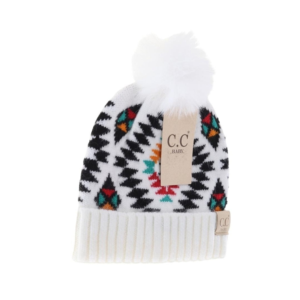 BABY Aztec Patterned Faux Fur Pom C.C Beanie
